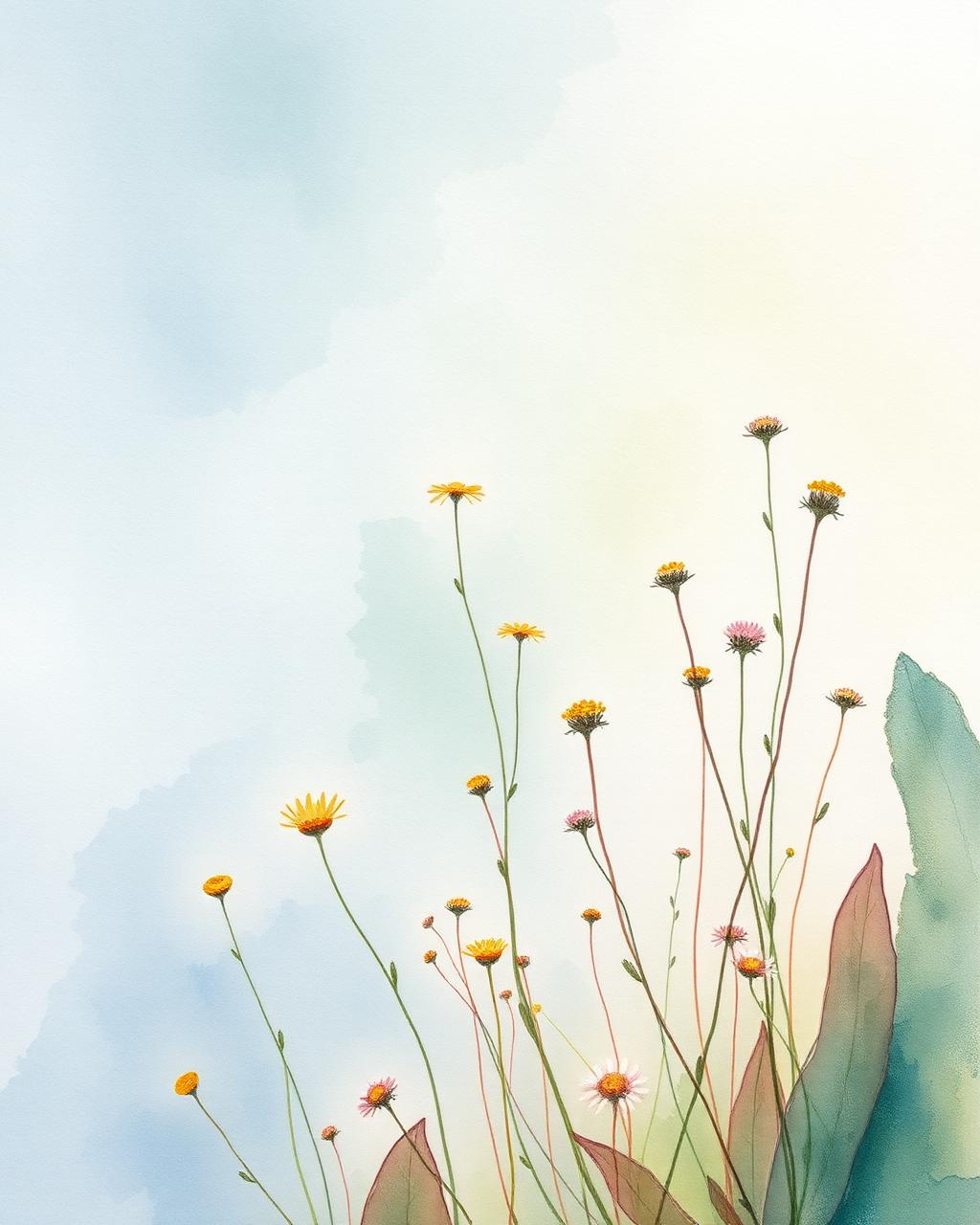 A gentle watercolor painting of wildflowers reaching upward in soft light